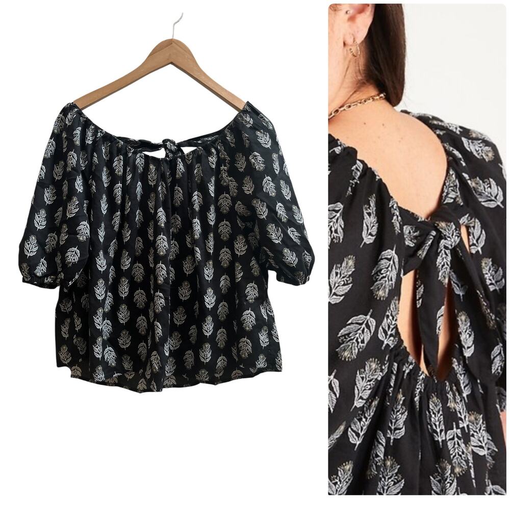 Old Navy Black White Floral Puff Sleeves Cutout Tie Back Swing Blouse Large